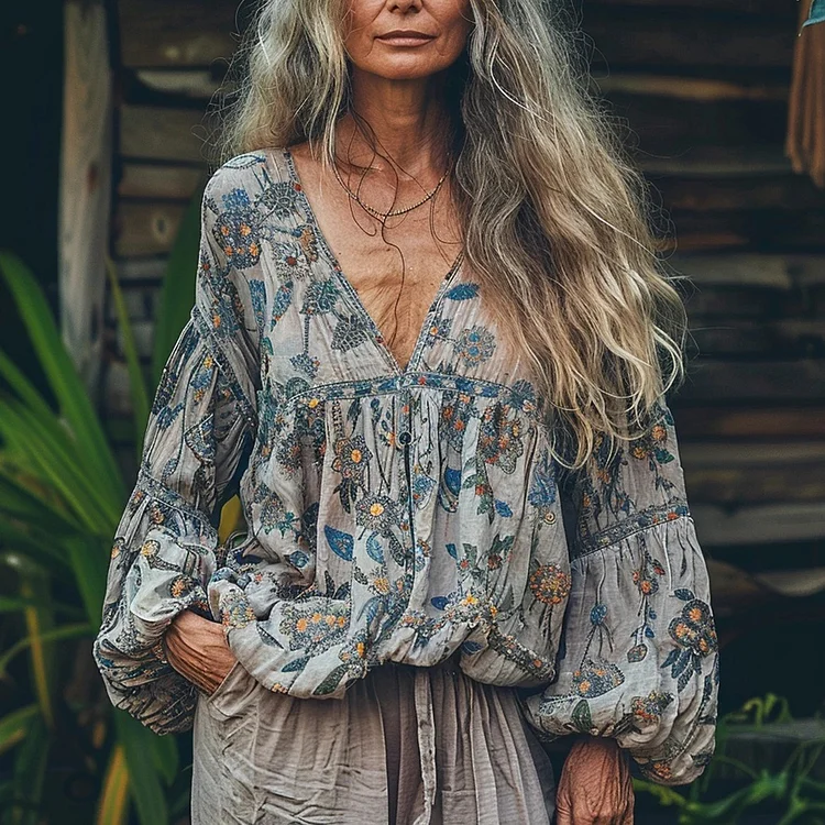 Women's Linen Bohemian V-neck Simple Long-sleeved Shirt