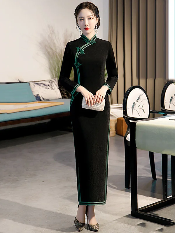 Contrast Colors Long Sleeve Splicing Long Cheongsams