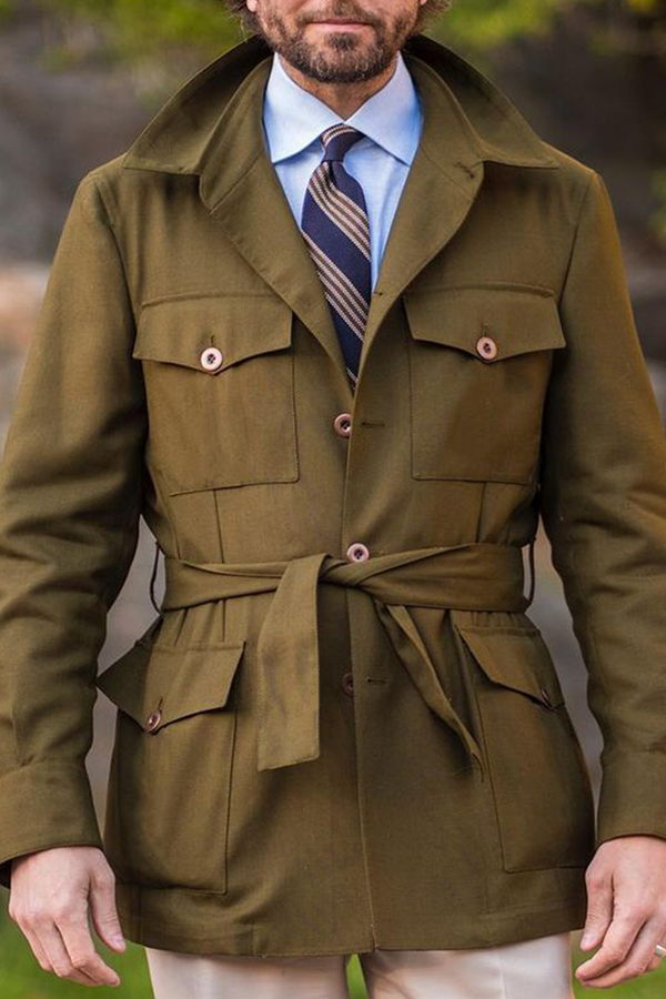 Army Green Fashion British Style Solid Pocket Buckle With Belt Turndown Collar Outerwear