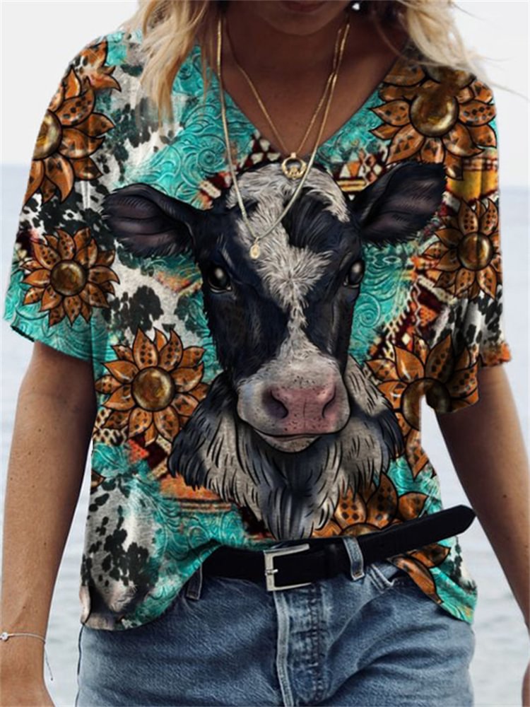Vefave Lovely Cow Vintage Western Art Inspired T Shirt