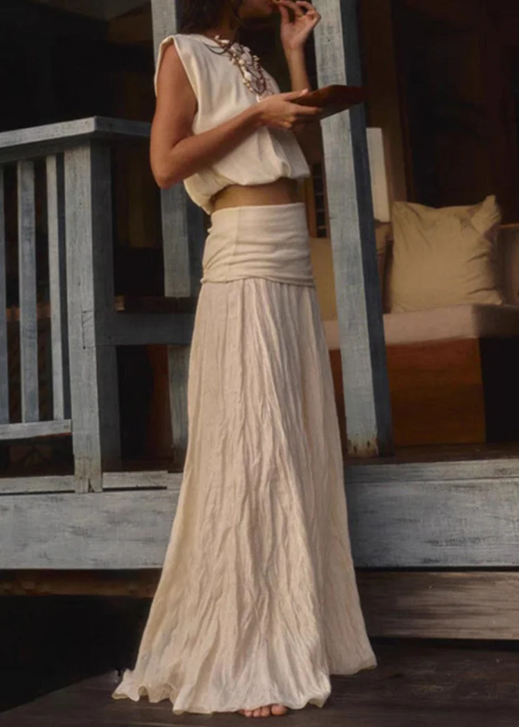 Vintage Beige Solid High Waist Cotton Two Pieces Set Sleeveless Summer