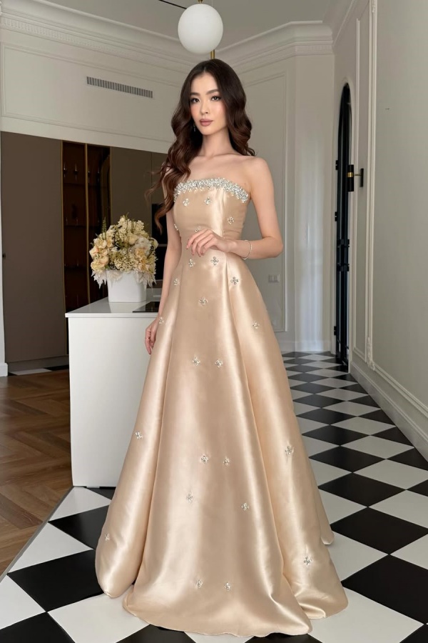 Stylish Champagne Straight Across Rhinestone A-Line Prom Dress YK0046