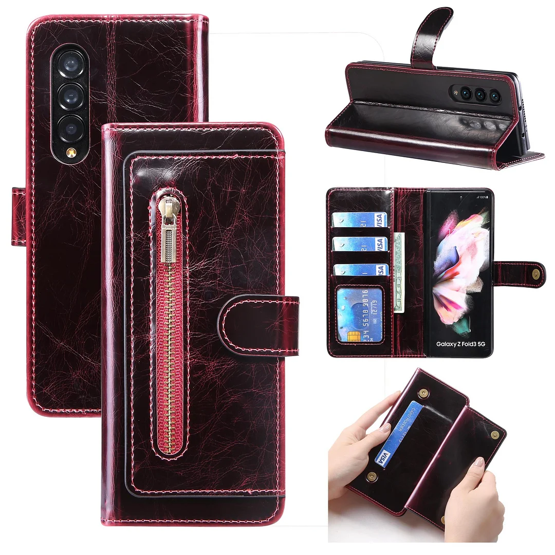 Luxury Retro Leather Wallet Phone Case With 3 Cards Slot,Zipper Slot,Kickstand For Galaxy Z Fold3/Fold4