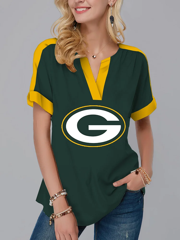 Green Bay Packers  Fashion Short Sleeve V-Neck Shirt