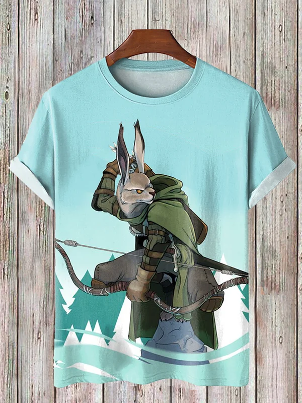 Men's Retro Rabbit Archer Samurai Easter Art Painting Print T-Shirt