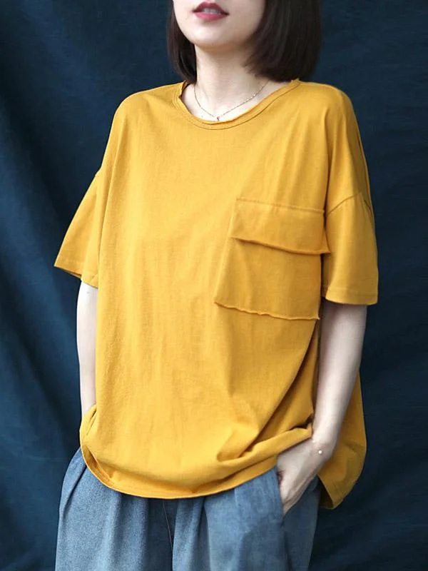 Roomy Solid Casual Cropped Round Neck T-Shirt