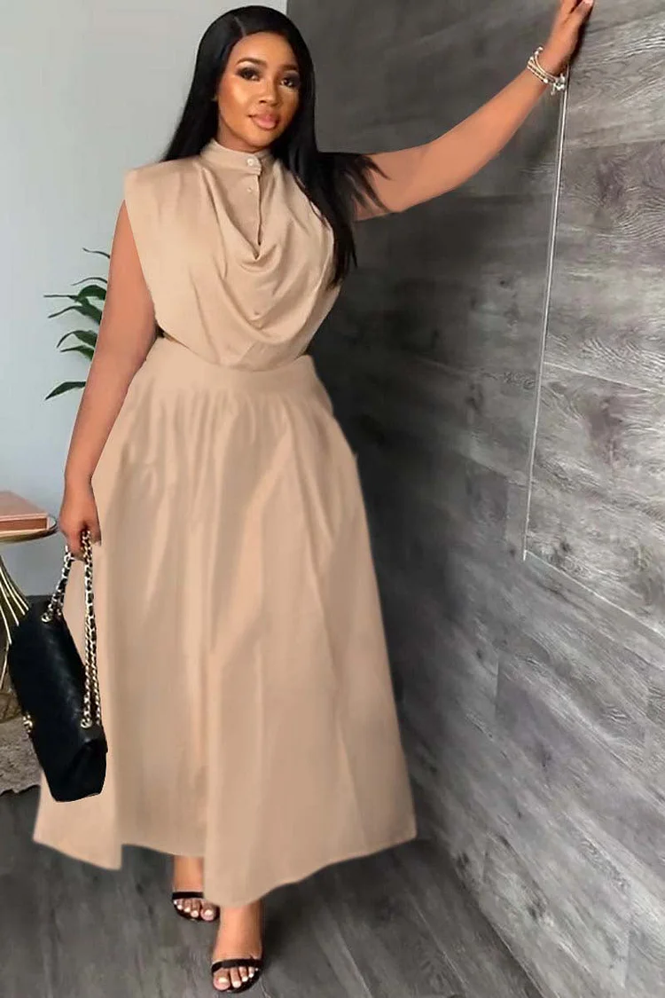 Button Up High Neck Ruched Sleeveless Maxi Dresses