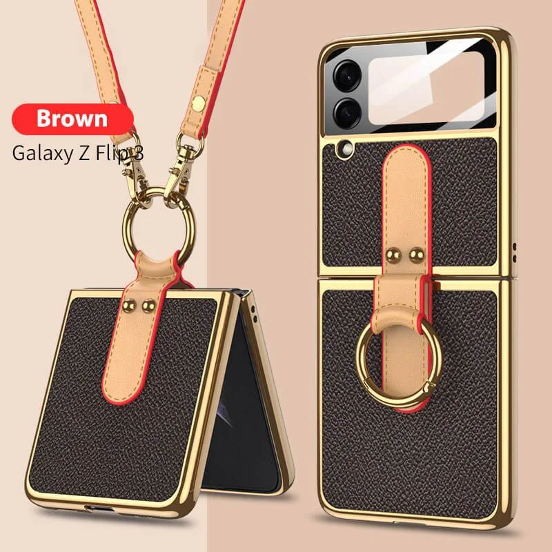 Electroplated Leather Phone Cover With Screen Tempered Glass And Lanyard For Galaxy Z Flip3/Z Flip4