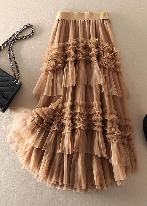 Beautiful Khaki asymmetrical design Tulle Tiered Skirt