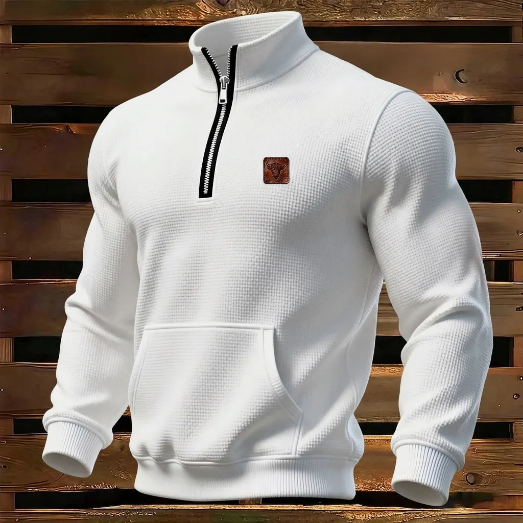 Unisex Outdoor Retro Style Mini Waffle Stand Collar Sweatshirt