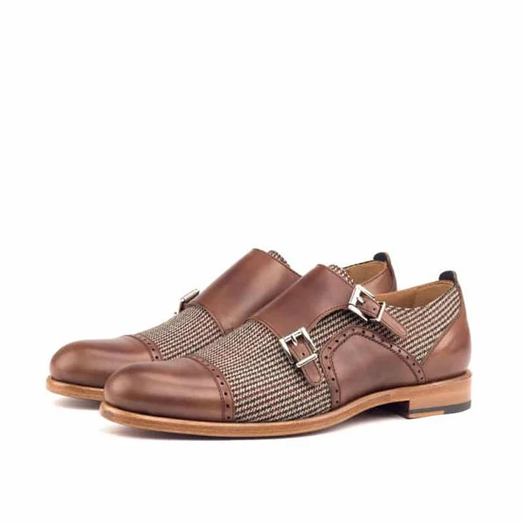 Women's Brown Houndstooth Double Buckle Monk Strap Vintage Shoes |FSJ Shoes