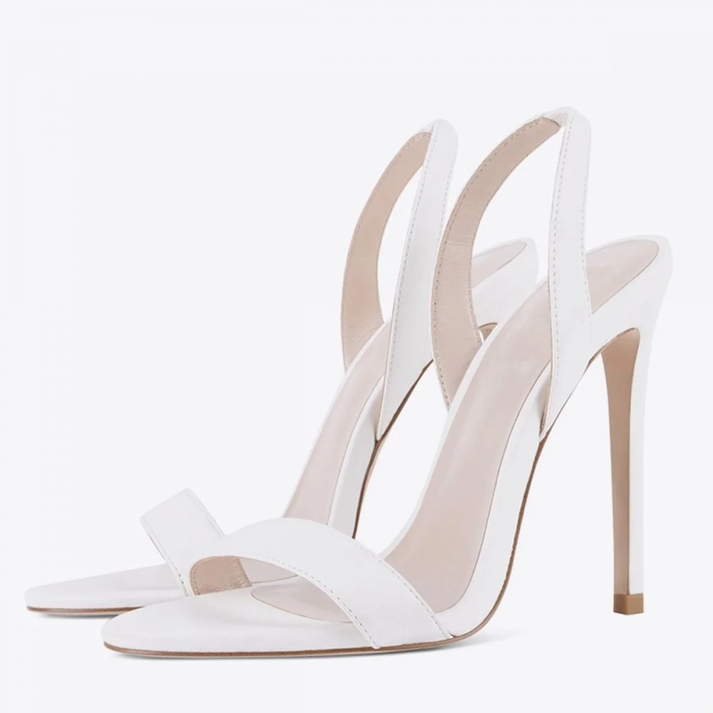 Women's White Open-Toe Slingback Shoes 4 Inch Stiletto Heeled Sandals Nicepairs