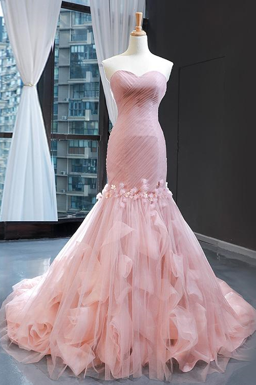 Daisda Pink Sweetheart Mermaid Sleeveless Prom Dress With Tulle Ruffle