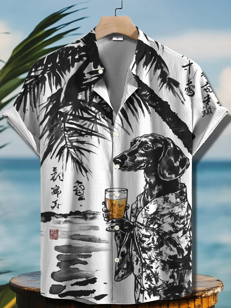 Men's Dachshund Drinking Beer Under Coconut Tree Ink Painting Vacation Art Print Casual Shirt