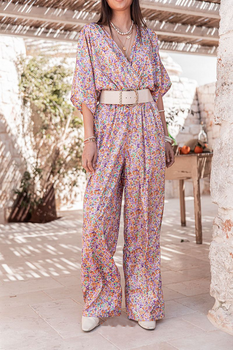 Casual Print Patchwork V Neck Straight Jumpsuits - Life is Beautiful for You - SheChoic