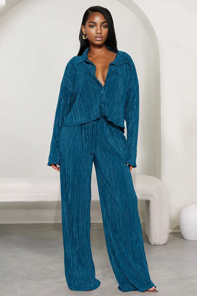 Plain Pleated Button Up Long Sleeve Blouse Straight Leg Pants Matching Set