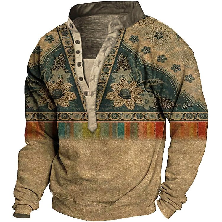 Men's V-neck printed casual western style long sleeve top