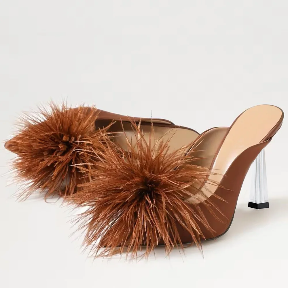 Brown Faux Suede Pointed Toe Stiletto Heel Mules with Pom Decor Nicepairs