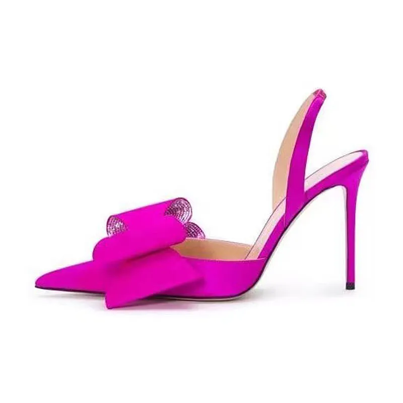 VCSHOES Silk Pointed Toe Bowknot Super High Heel Rear Trip Belt Party Crystal Closed Toe Sandals