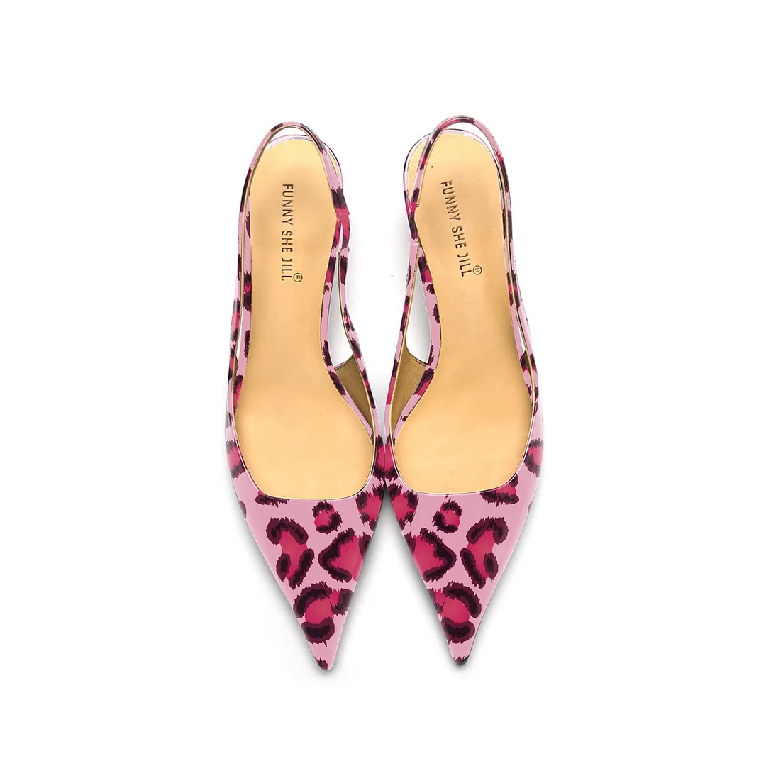Pink Leopard Print Pointed Toe Kitten Heel Slingback Pumps Nicepairs