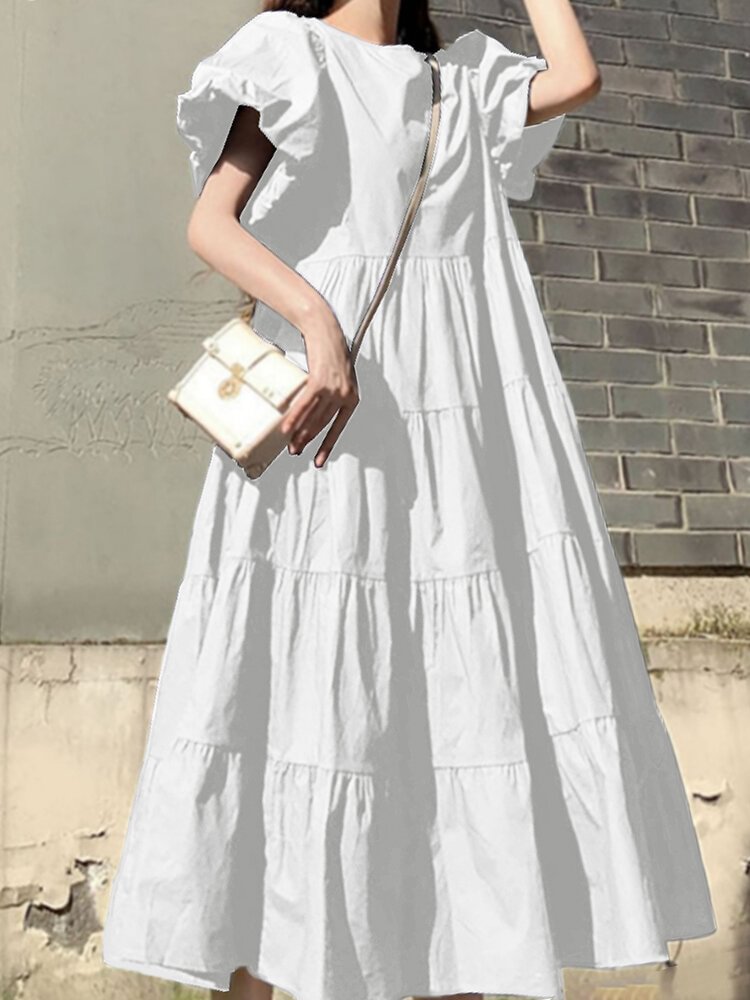 Solid Color Short Puff Sleeve Pleated Casual Loose Dress