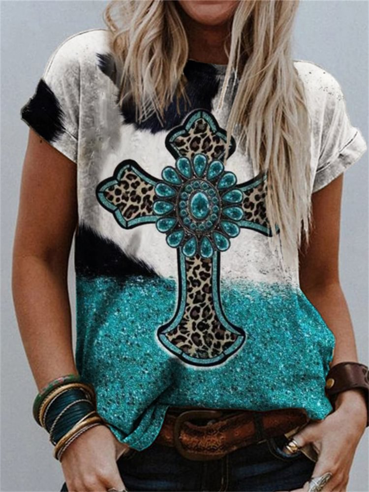 Vefave Western Turquoise Cowhide Cross T Shirt