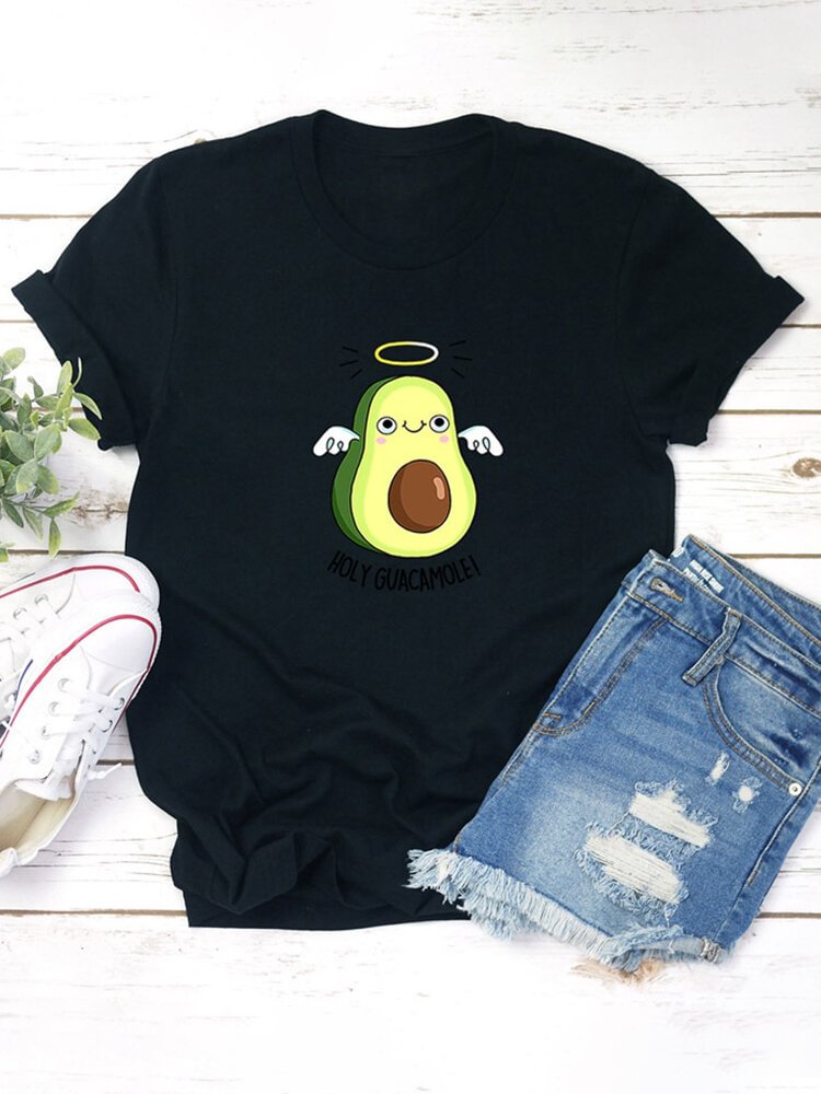 Letter Cartoon Avocado Short Sleeve T shirt For Women P1661002