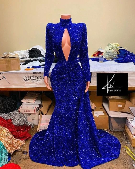 Daisda High Neck Long Sleeves Royal Blue Mermaid Prom Dress With Sequins