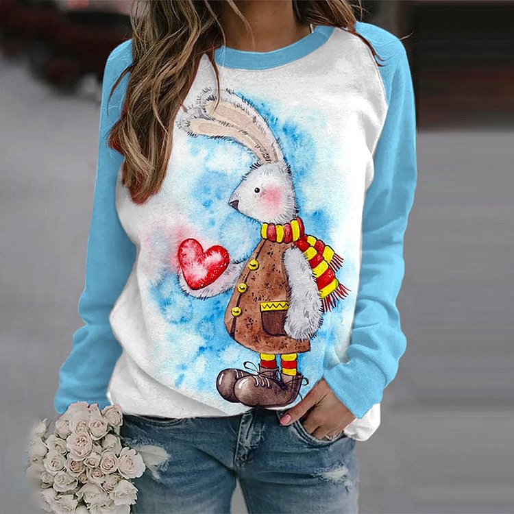 Comstylish Love Rabbit Print Round Neck Casual Sweatshirt