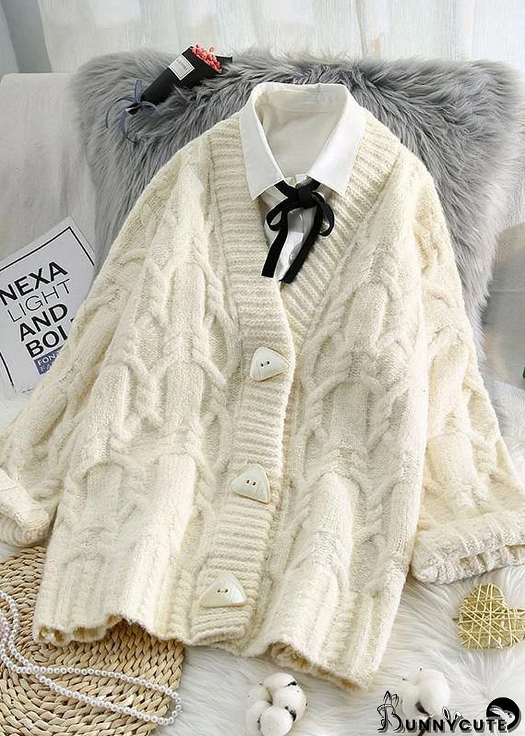 Comfy spring knitwear plus size beige v neck Button sweater coat