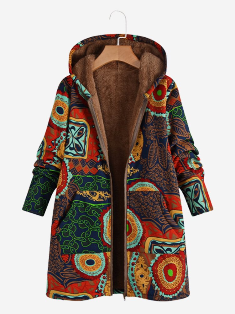 Thick Ethnic Print Long Sleeve Hooded Vintage Coat For Women - BlackFridayBuys