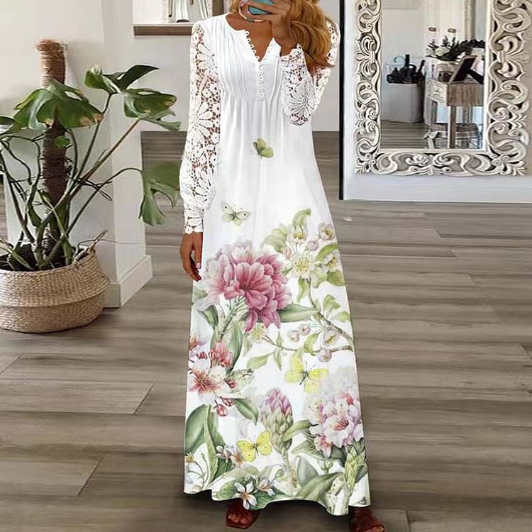 VChics Fashion Floral Print Lace Panel Maxi Dress