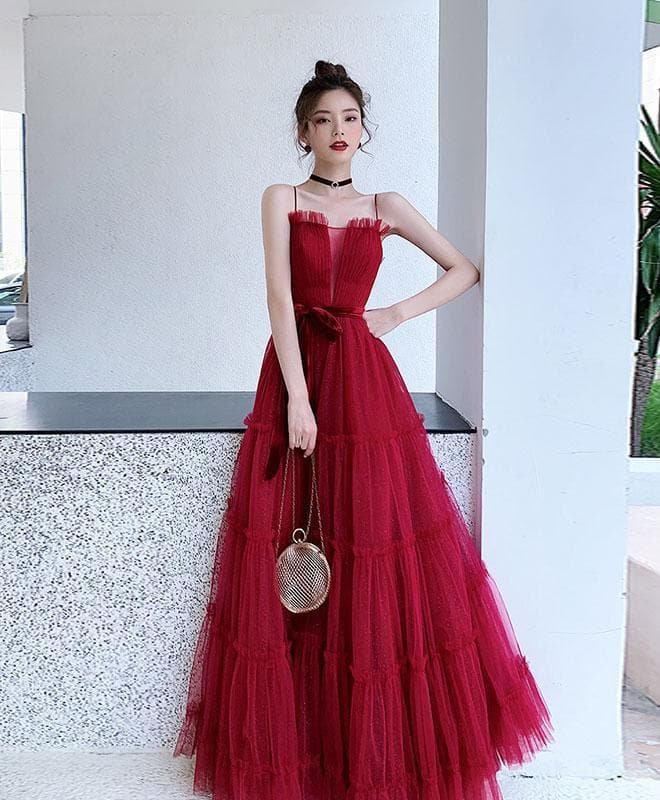 Burgundy A-Line Tulle Long Prom Dress Burgundy Tulle Formal Dress