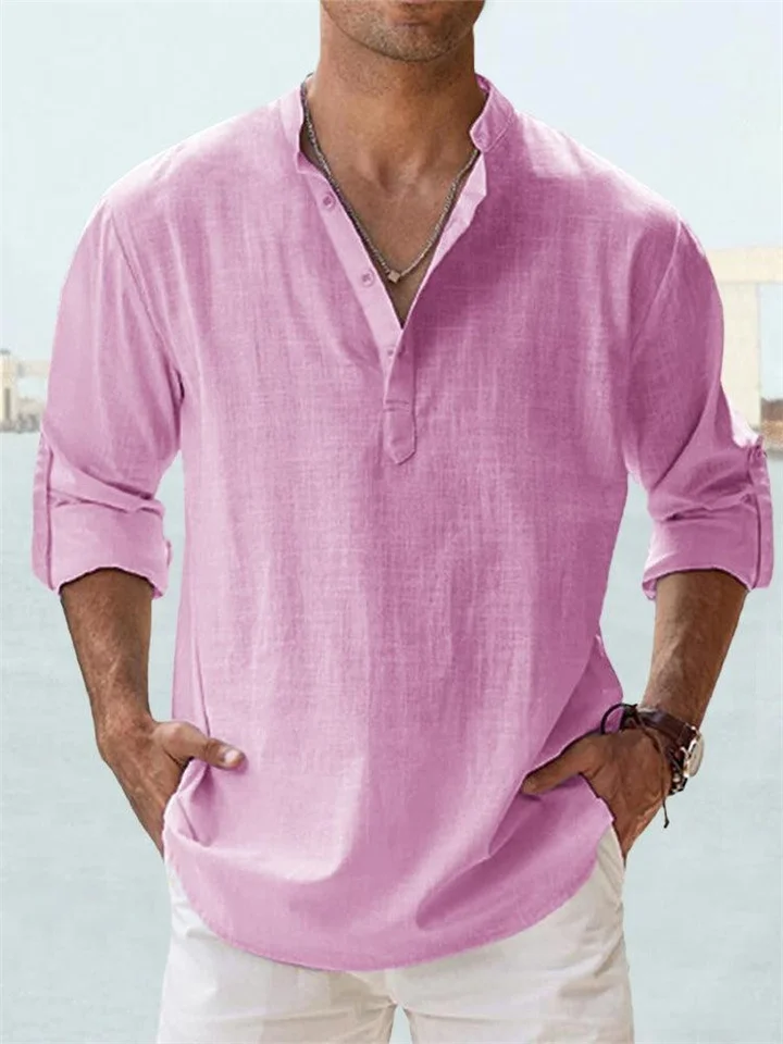 Men's Shirt Linen Shirt Summer Shirt Beach Shirt White Pink Blue Long Sleeve Plain Stand Collar Spring & Summer Hawaiian Holiday Clothing Apparel Basic-JRSEE