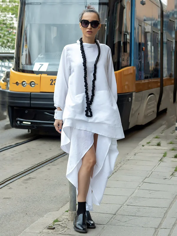 Irregular Stylish Pure Color Falbala Split-Joint Buttoned High-Low Lapel Collar Long Sleeves Maxi Dress