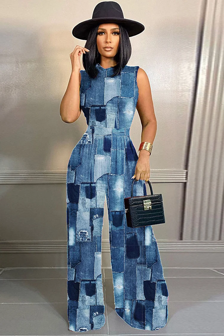Denim Pattern Print Sleeveless Romper Wide Leg Pants Vacation Two-Piece Set