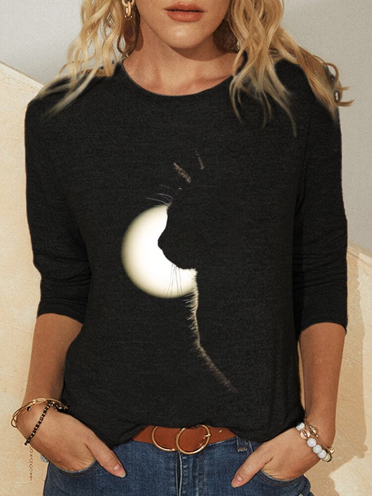 Cartoon Cat Moon Printed O neck Casual T shirt For Women P1744387
