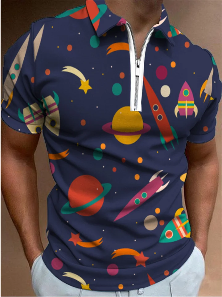 Men's Summer Lapel Polo Shirt Rocket Printed Short Sleeve Navy Blue-Cosfine