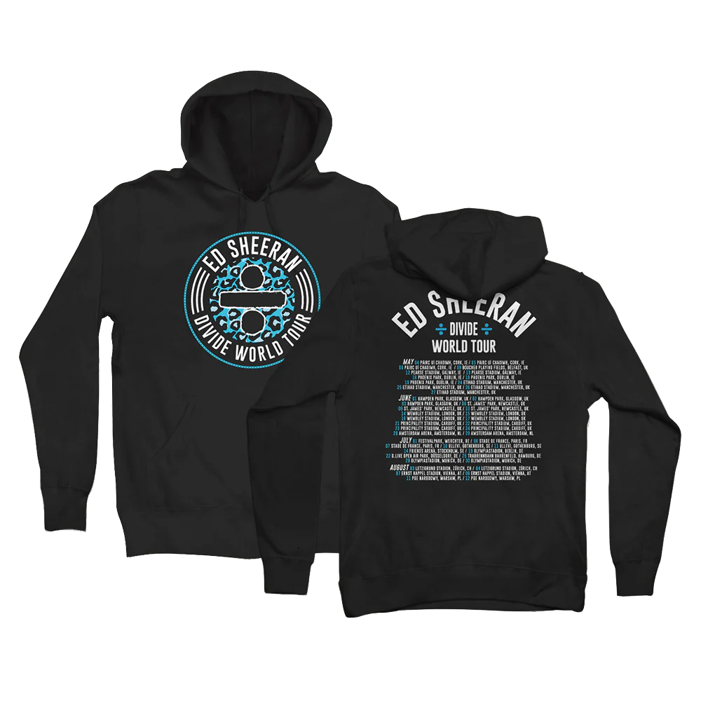 "Ed Sheeran black Divide World Tour graphic hoodie with front logo and back tour dates"