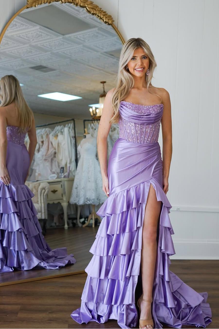 Lussooy Strapless Charming Purple Satin Sleeveless Long Split Prom Dress with Sequins