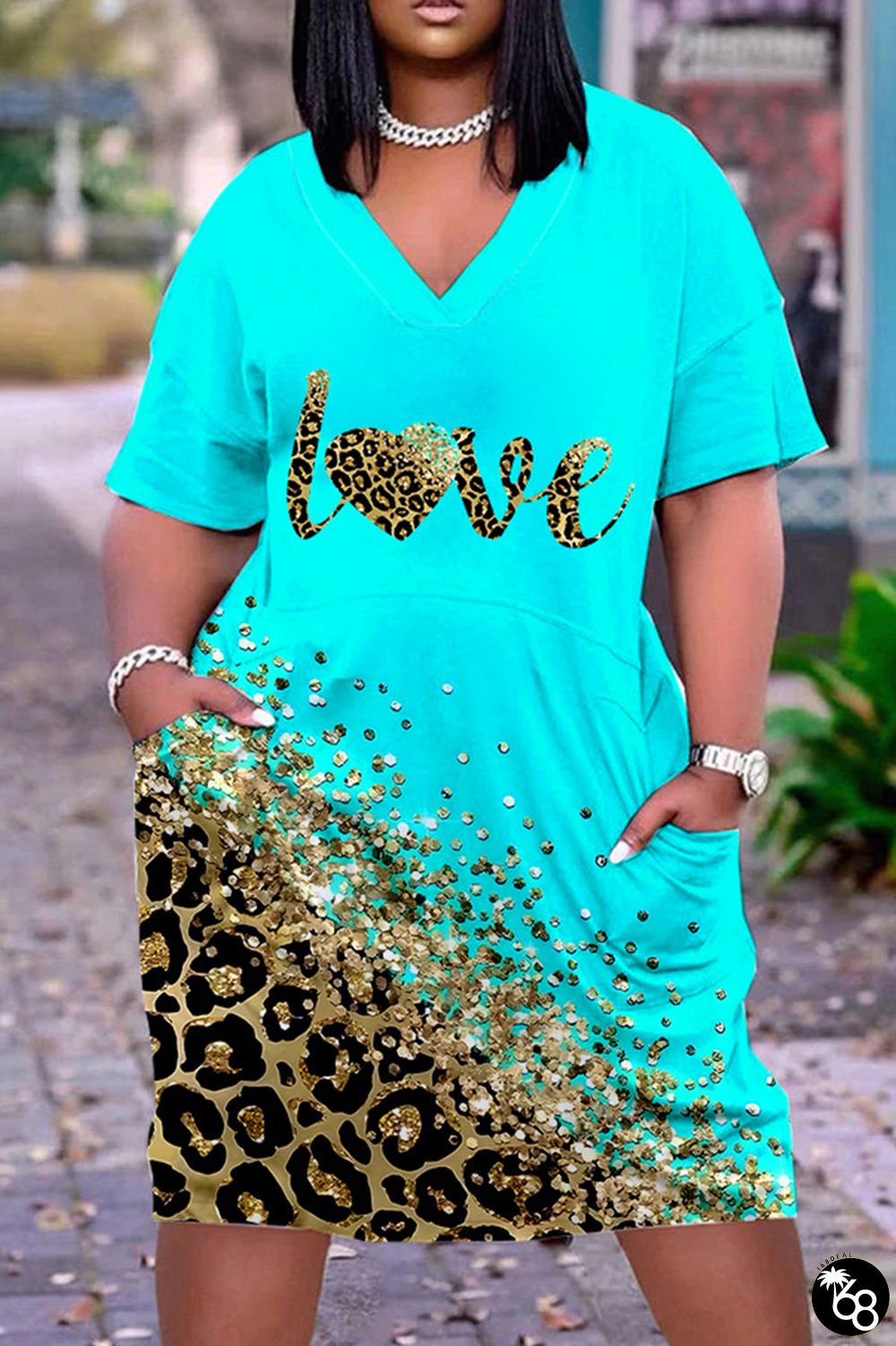 Light Brown Casual Print Patchwork V Neck Short Sleeve Dress | 168DEAL