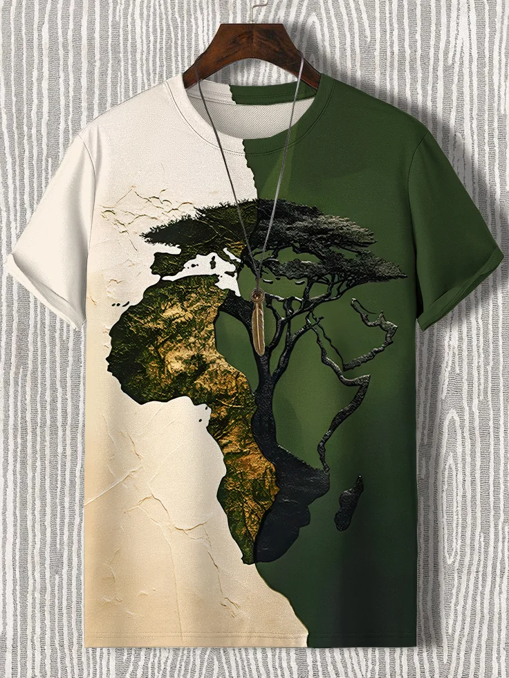 Men's Africa Map Tree Roots Splicing Art Print T-Shirt