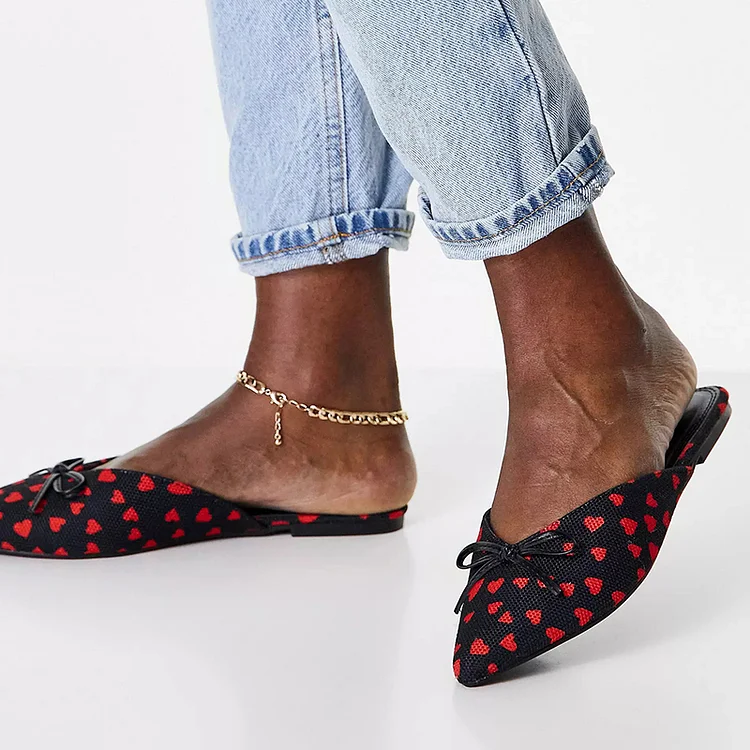 Black & Red Heart Print Shoes Women's Pointed Toe Flat Mules |FSJ Shoes