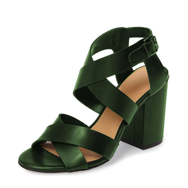 Dark Green Satin Crisscross Block Heel Sandals Vdcoo
