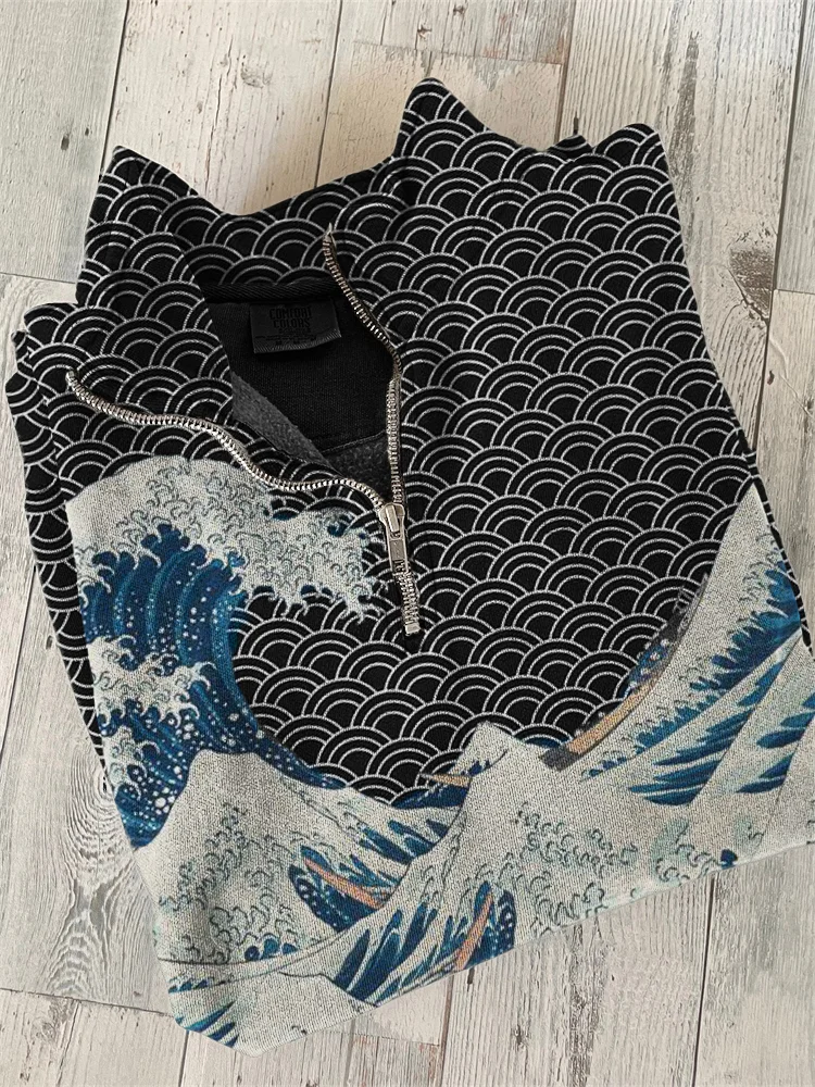 VChics The Great Wave off Kanagawa Inspired Japanese Art Zip Up Sweatshirt