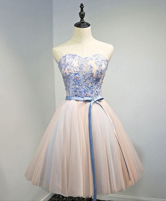 Pink Sweetheart Neck Lace Tulle Short Prom Dress, Pink Homecoming Dress