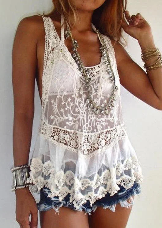 Floral Lace Sleeveless Tank - White
