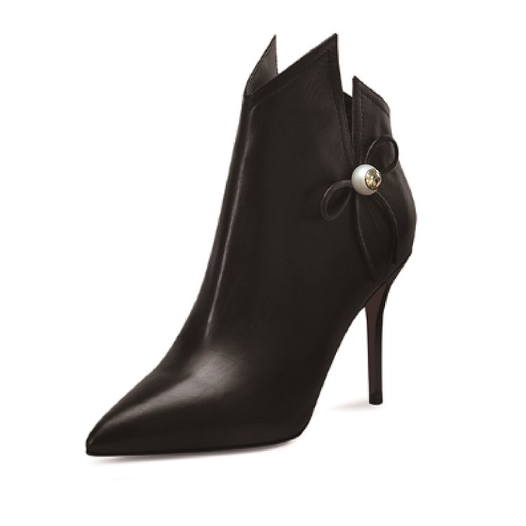 Black Pointy Toe Pearl Bowknot Stiletto Heel Ankle Booties |FSJ Shoes