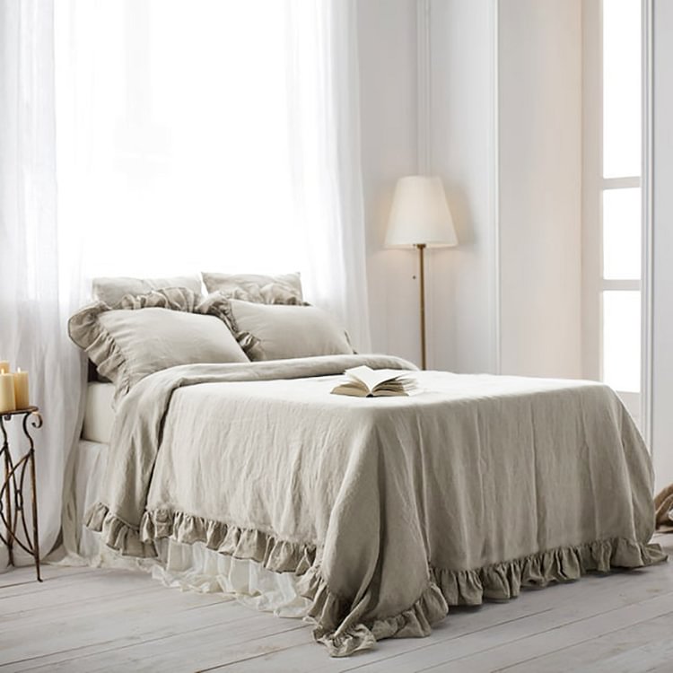 Natural 100% Flax Linen Duvet Cover Set With Ruffled-ChouChouHome