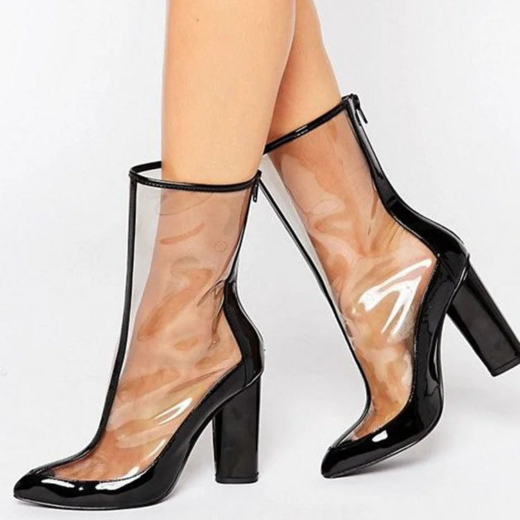 Black Patent Leather & PVC Mid-Calf Block Heel Clear Ankle Boots |FSJ Shoes